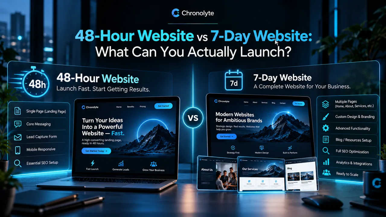 48-Hour Website vs 7-Day Website: What Can You Actually Launch? illustrated comparison guide by Chronolyte