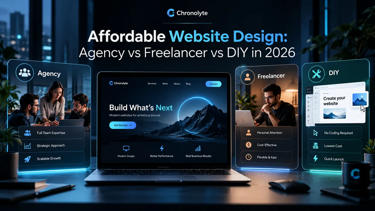 Affordable Website Design: Agency vs Freelancer vs DIY in 2026 illustrated comparison guide by Chronolyte