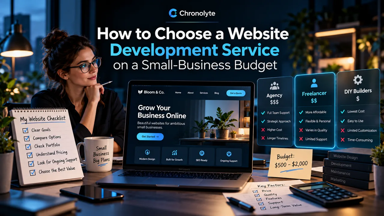 How to Choose a Website Development Service on a Small-Business Budget illustrated planning guide by Chronolyte