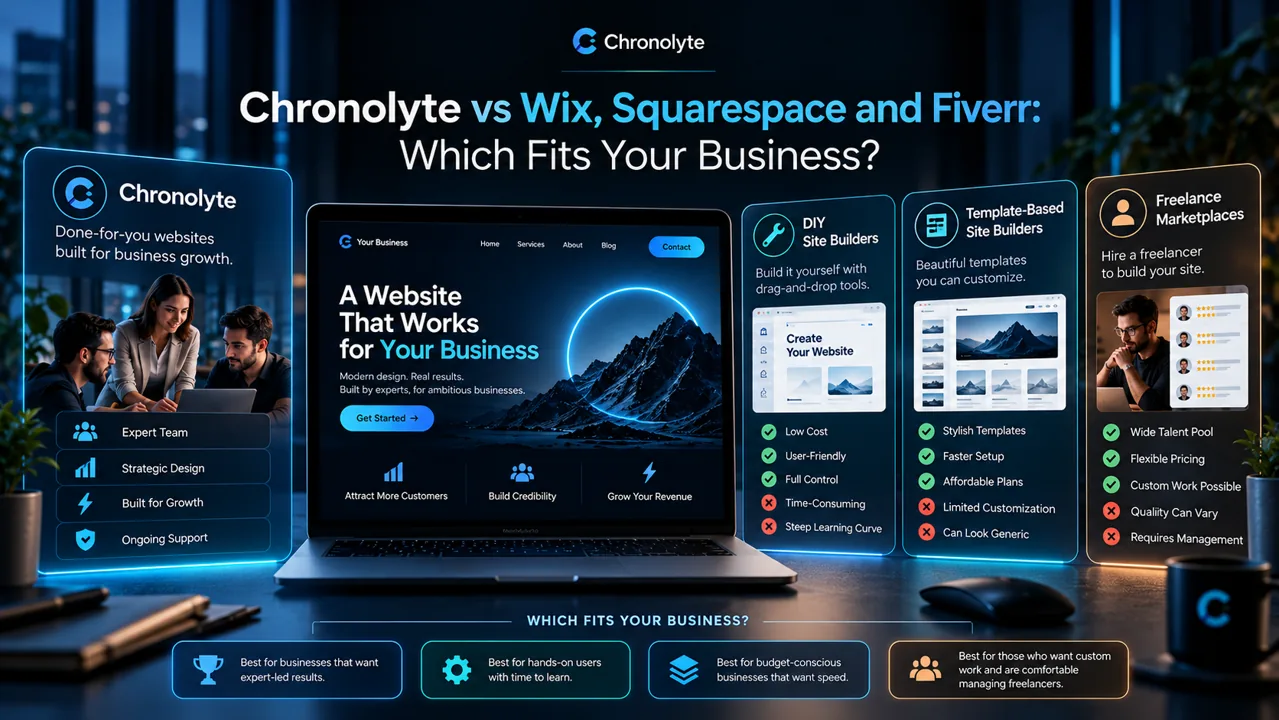Chronolyte vs Wix, Squarespace and Fiverr: Which Fits Your Business? illustrated comparison guide by Chronolyte