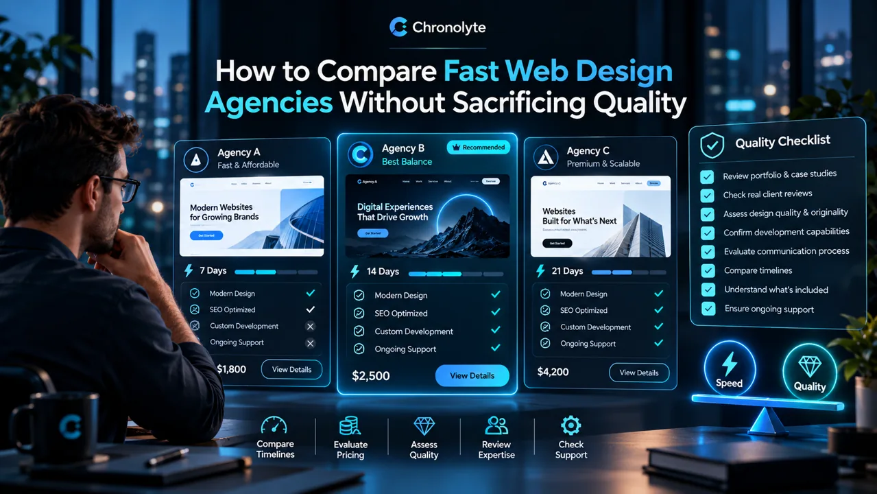 How to Compare Fast Web Design Agencies Without Sacrificing Quality illustrated planning guide by Chronolyte